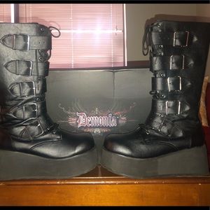 Black Leather Platform Boots by Demonia
